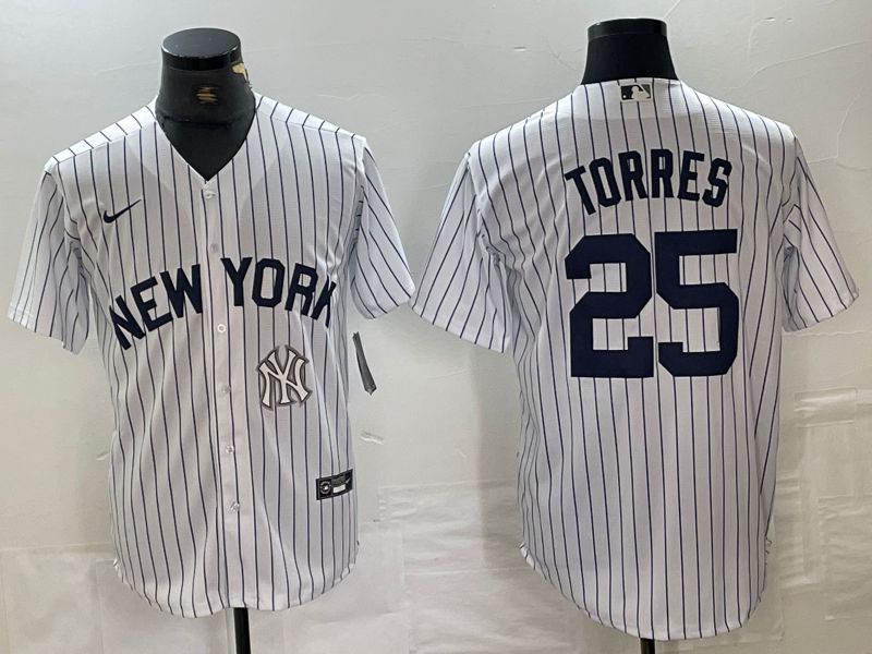 Men New York Yankees 25 Torres White Stripe Game Nike 2024 MLB Jersey style 2